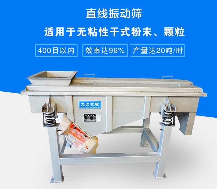 直線振動篩適用于無粘性干式粉末、顆粒，產(chǎn)量達(dá)20噸/時